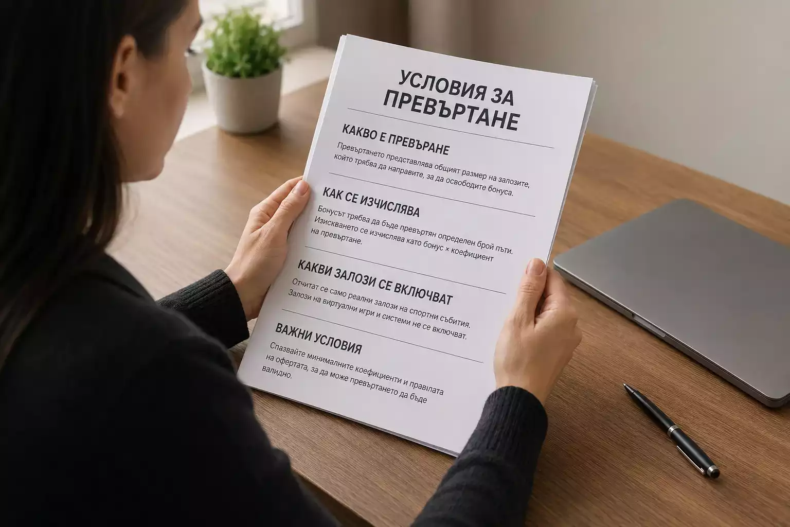 Играч чете правилата и условията за превъртане на бонус при букмейкър